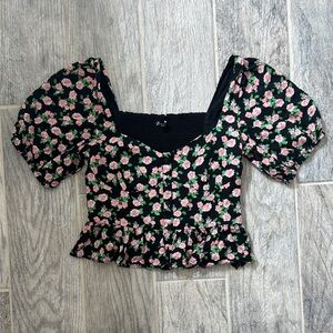 Zara Black Crop Top with Pink Rose Print